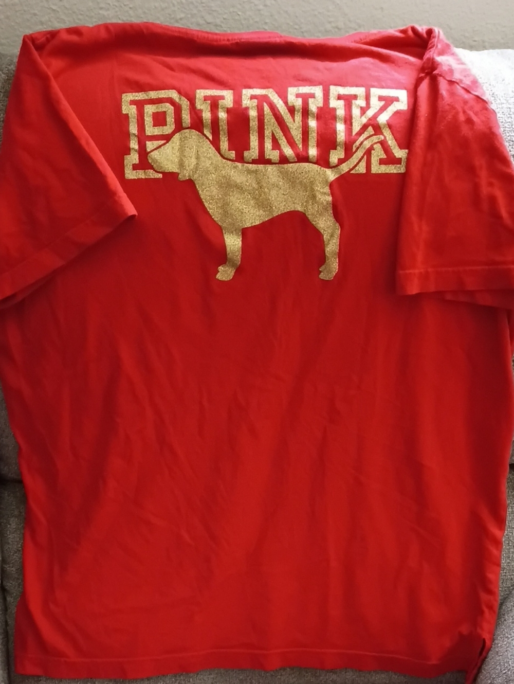 PINK Victoria's Secret Red Tee with Gold Logo - Short Sleeve